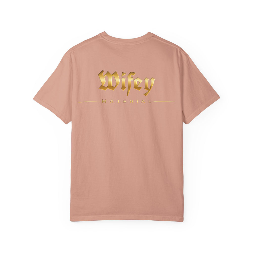 Wifey Material T-shirt front & back| Gold Gothic Script