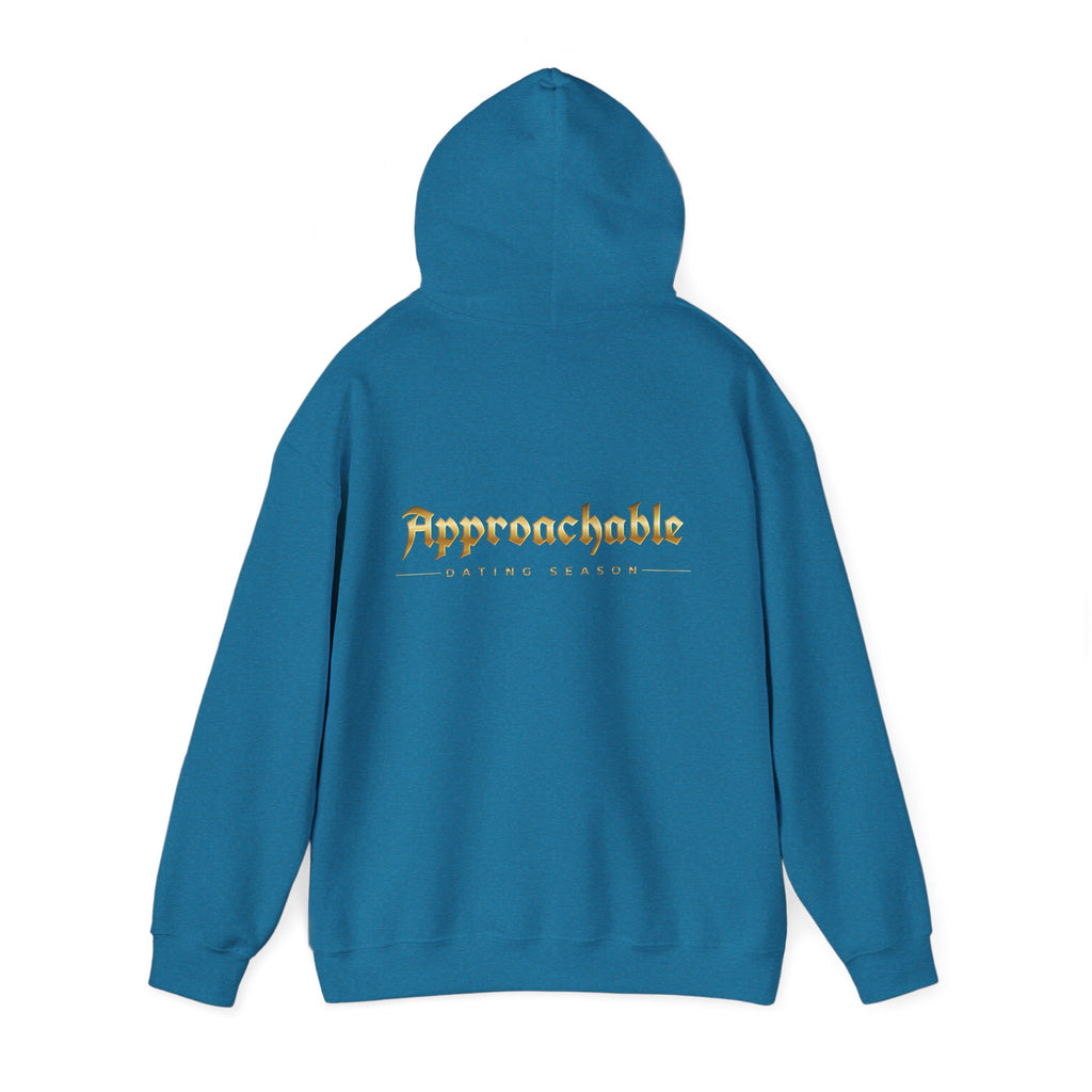 Approachable Gold Script hoodie back & front | White Pullover Sweatshirt