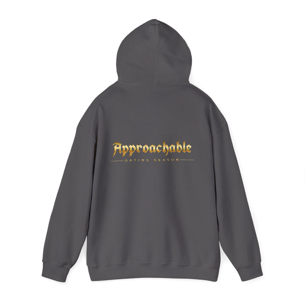 Approachable Gold Script hoodie back & front | White Pullover Sweatshirt