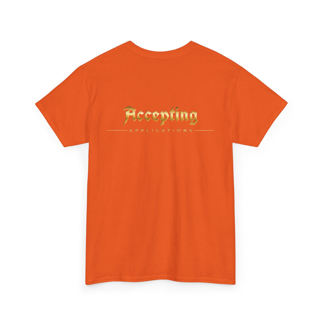 Accepting Applications Tee back & front | Gold Gothic Script, Minimal Graphic Shirt