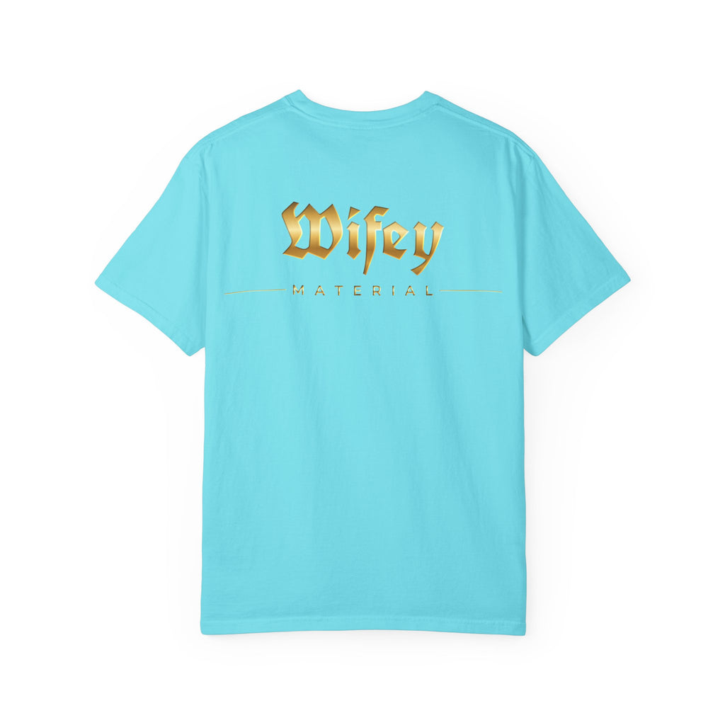 Wifey Material T-shirt front & back| Gold Gothic Script