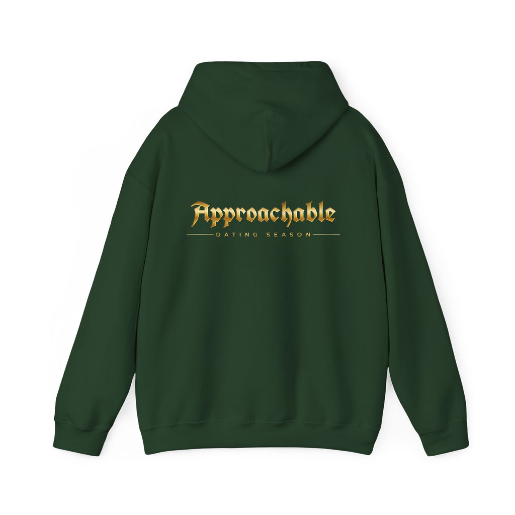 Approachable Gold Script hoodie back & front | White Pullover Sweatshirt