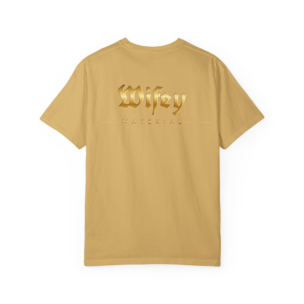 Wifey Material T-shirt front & back| Gold Gothic Script