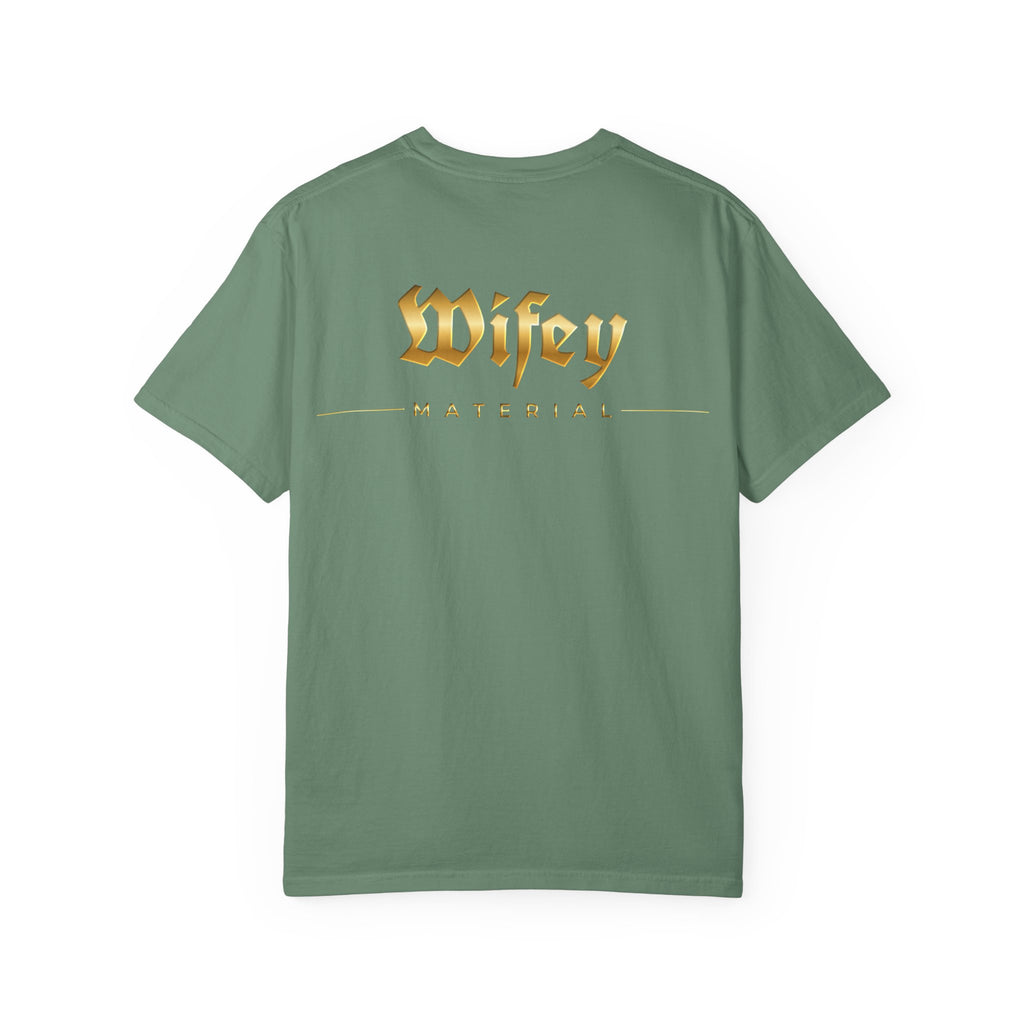Wifey Material T-shirt front & back| Gold Gothic Script