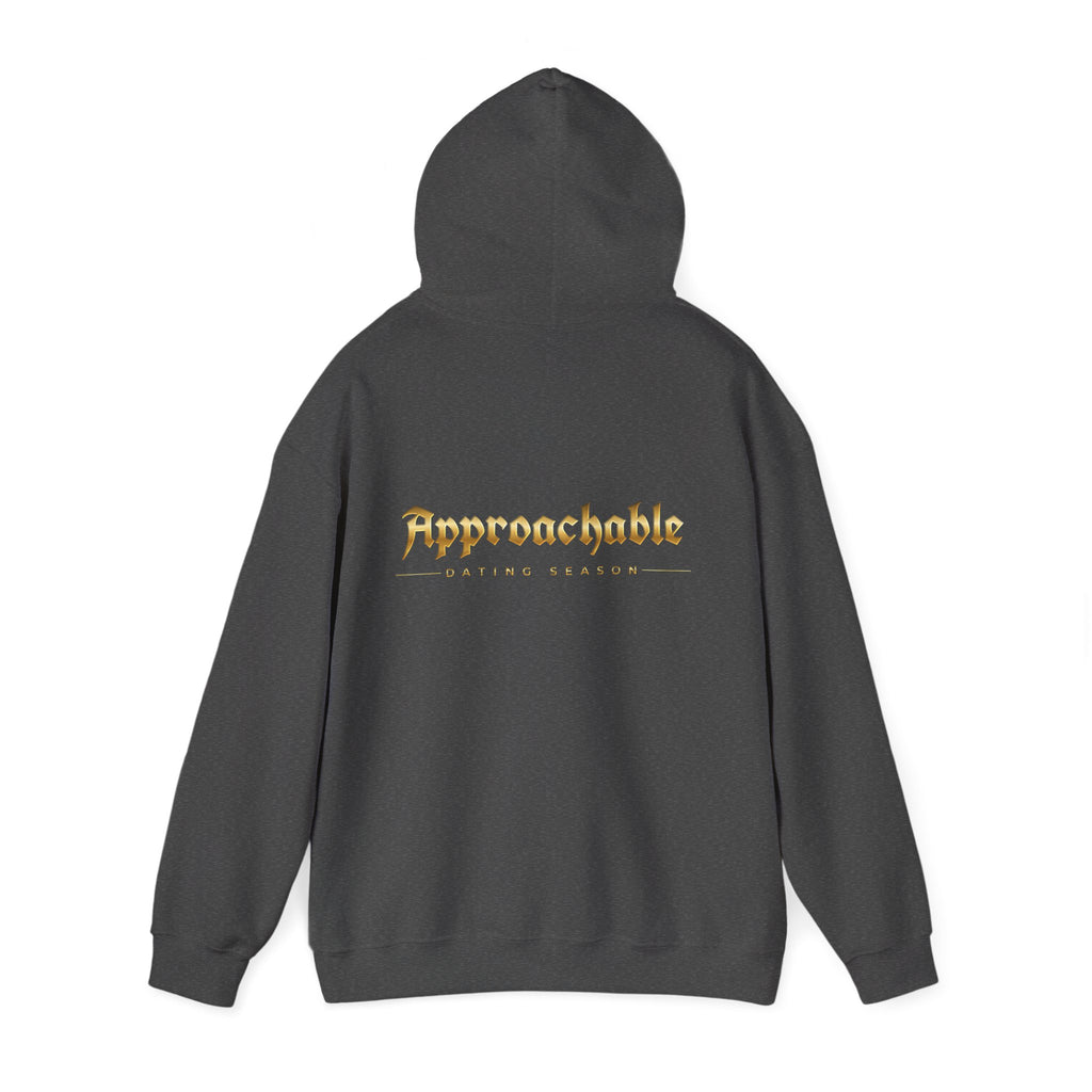 Approachable Gold Script hoodie back & front | White Pullover Sweatshirt