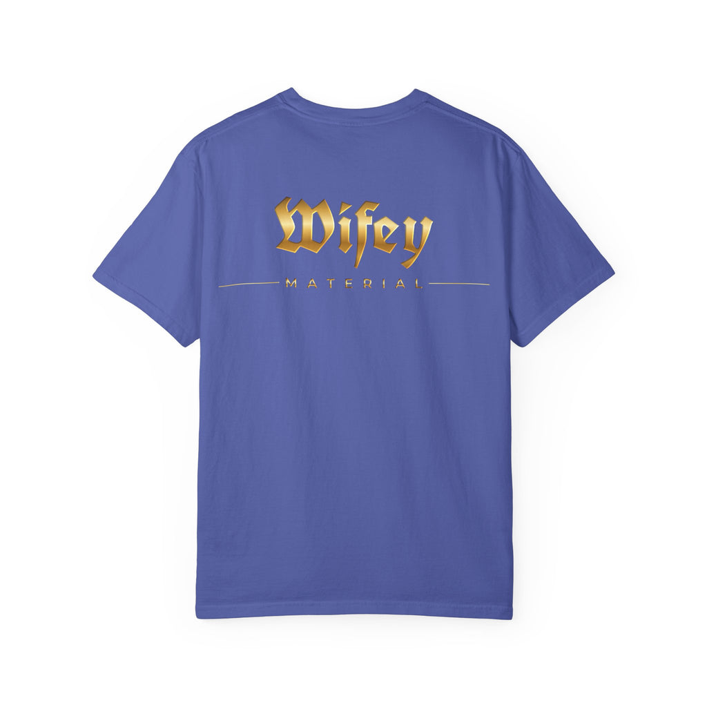 Wifey Material T-shirt front & back| Gold Gothic Script