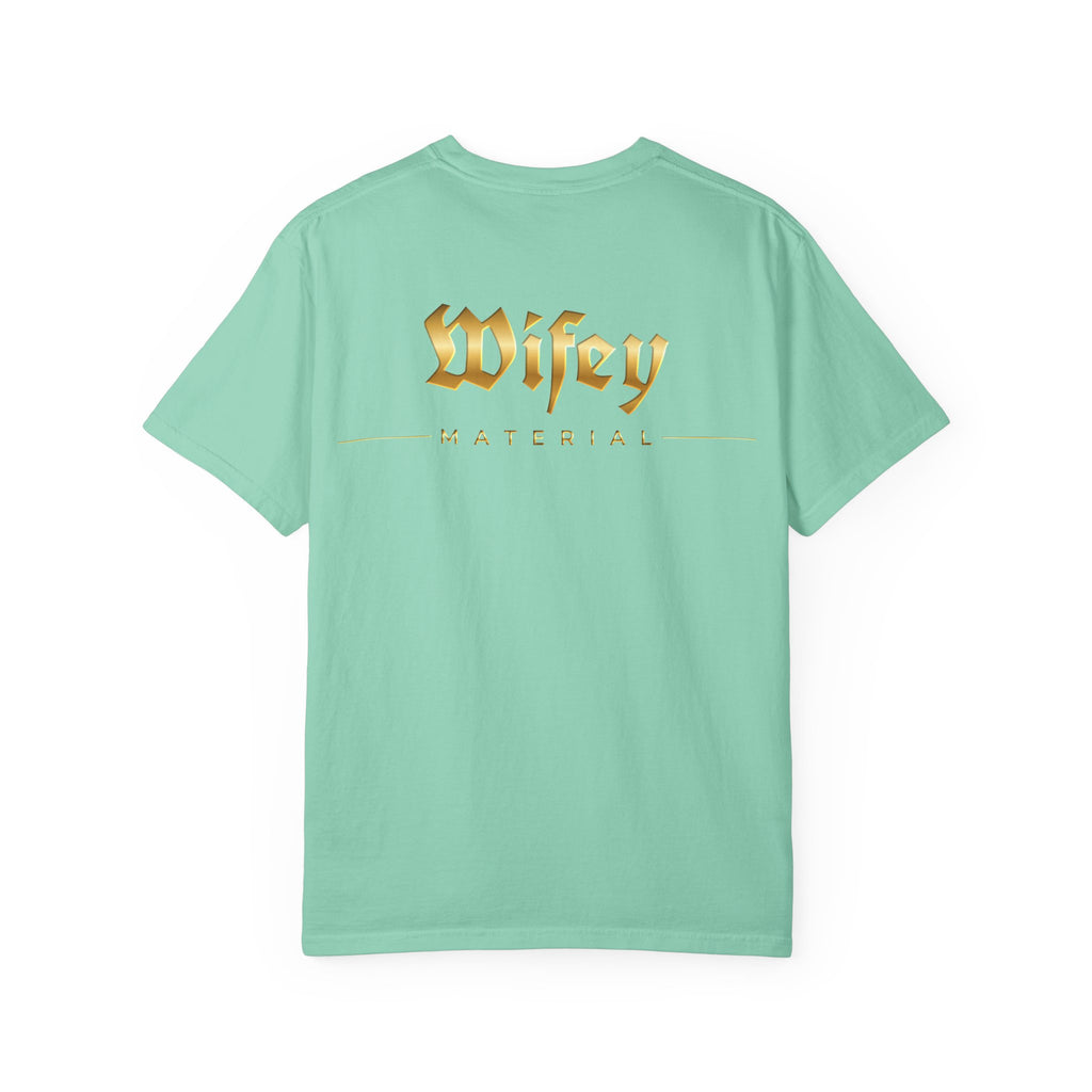 Wifey Material T-shirt front & back| Gold Gothic Script