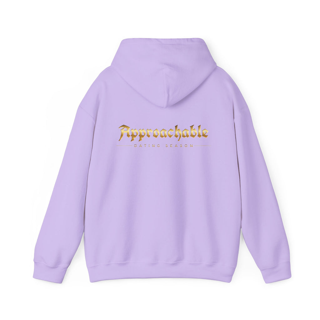 Approachable Gold Script hoodie back & front | White Pullover Sweatshirt