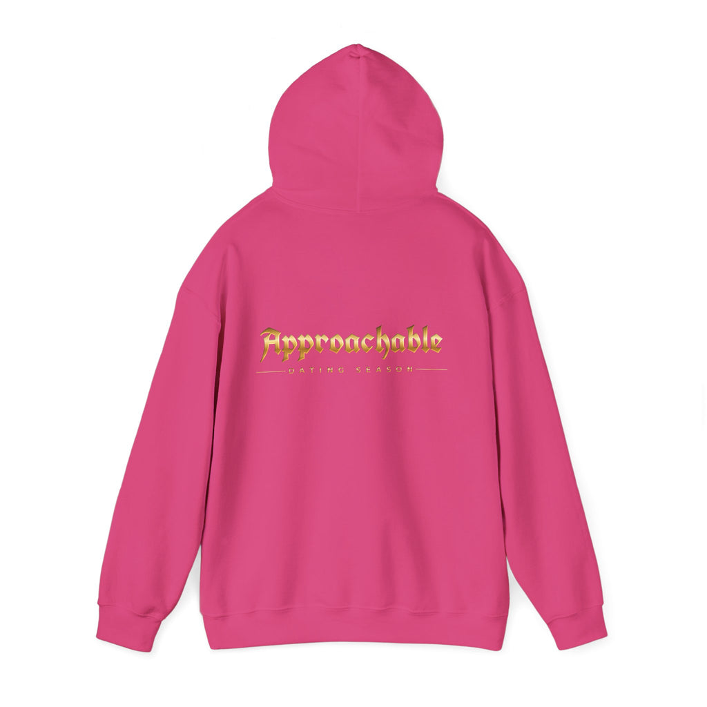 Approachable Gold Script hoodie back & front | White Pullover Sweatshirt
