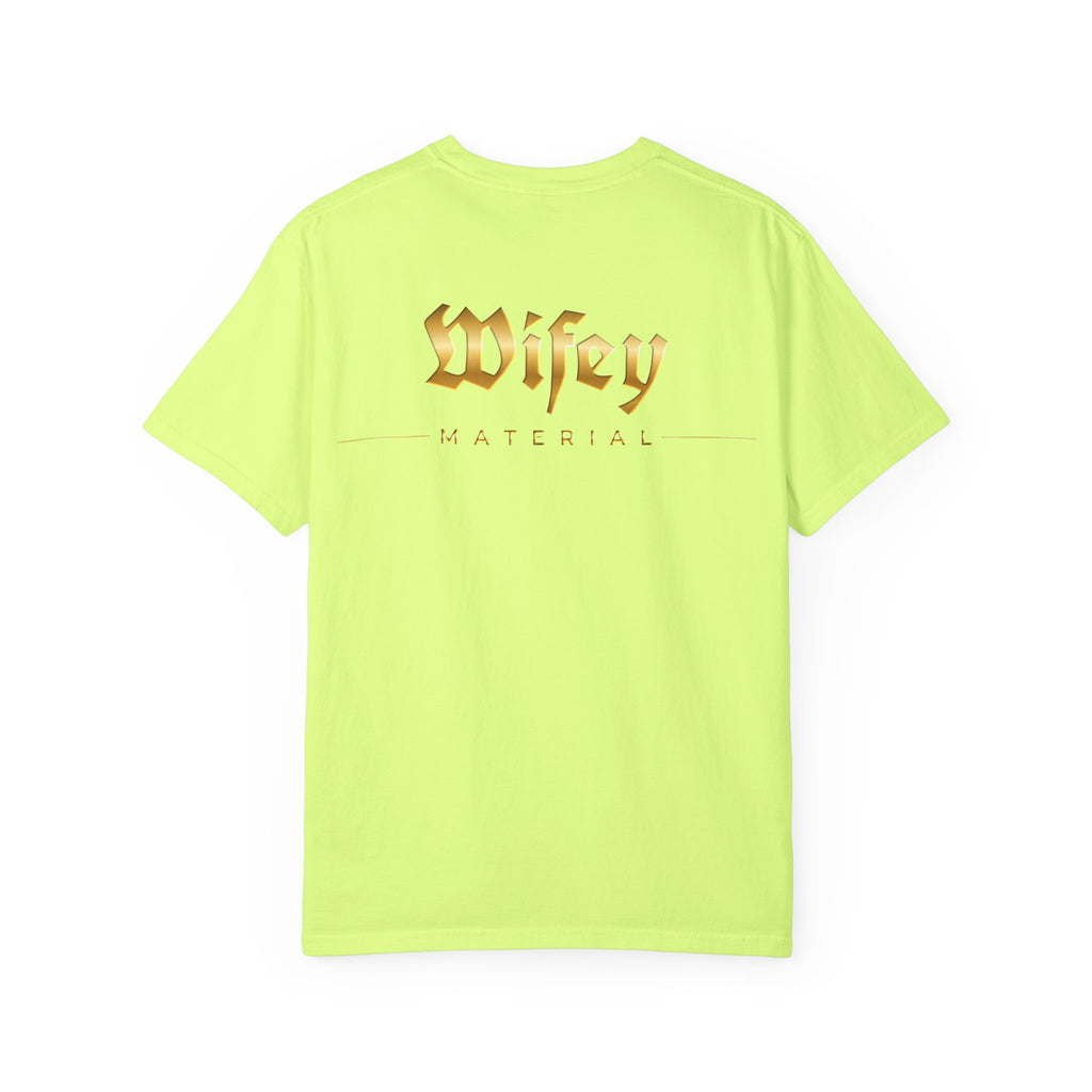 Wifey Material T-shirt front & back| Gold Gothic Script