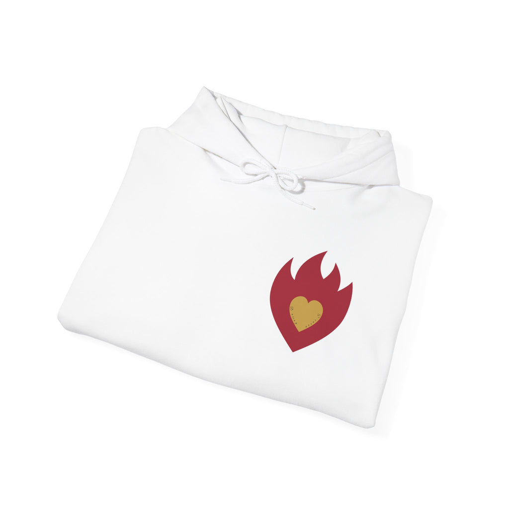 Approachable Gold Script hoodie back & front | White Pullover Sweatshirt