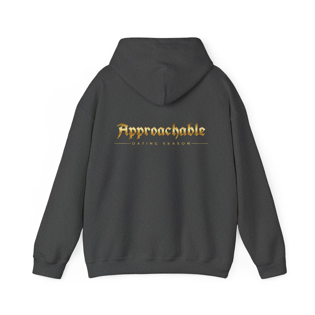 Approachable Gold Script hoodie back & front | White Pullover Sweatshirt
