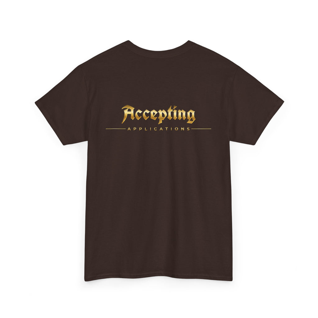 Accepting Applications Tee back & front | Gold Gothic Script, Minimal Graphic Shirt