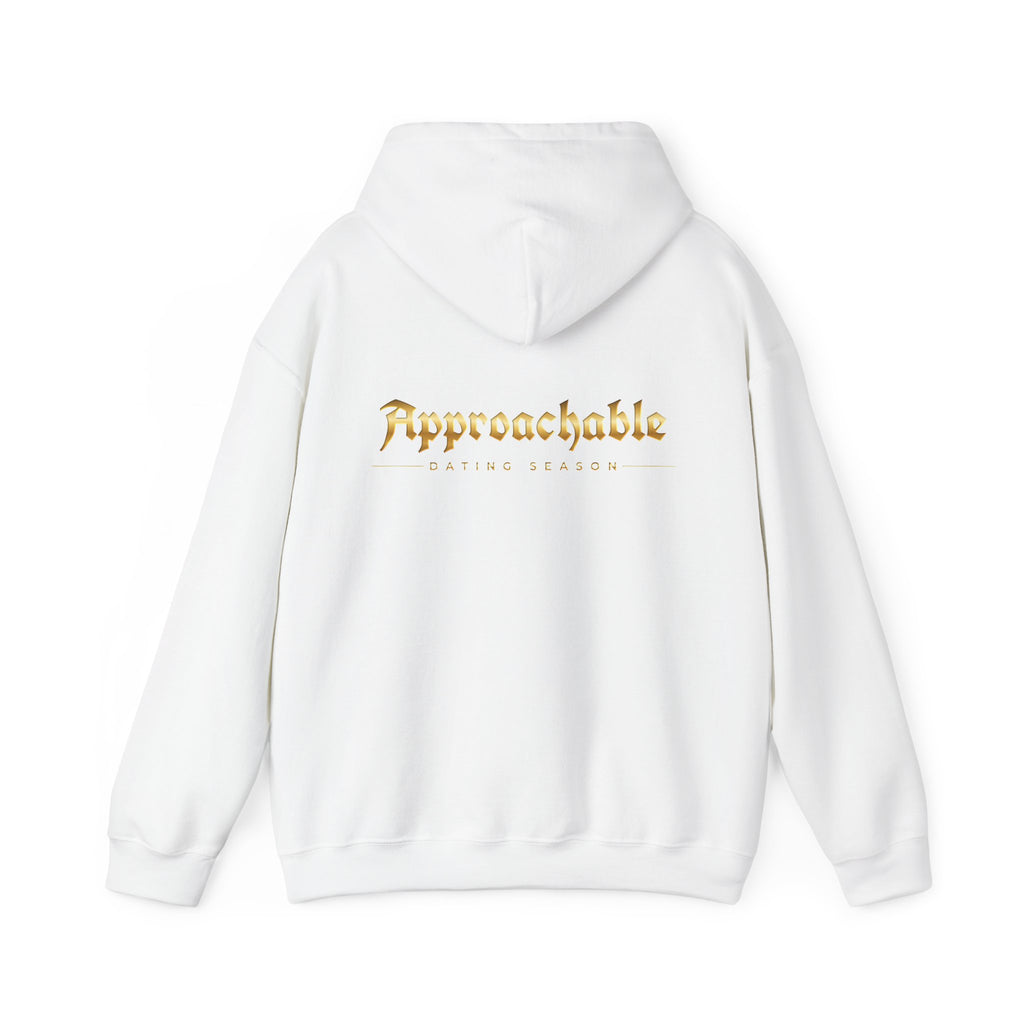 Approachable Gold Script hoodie back & front | White Pullover Sweatshirt