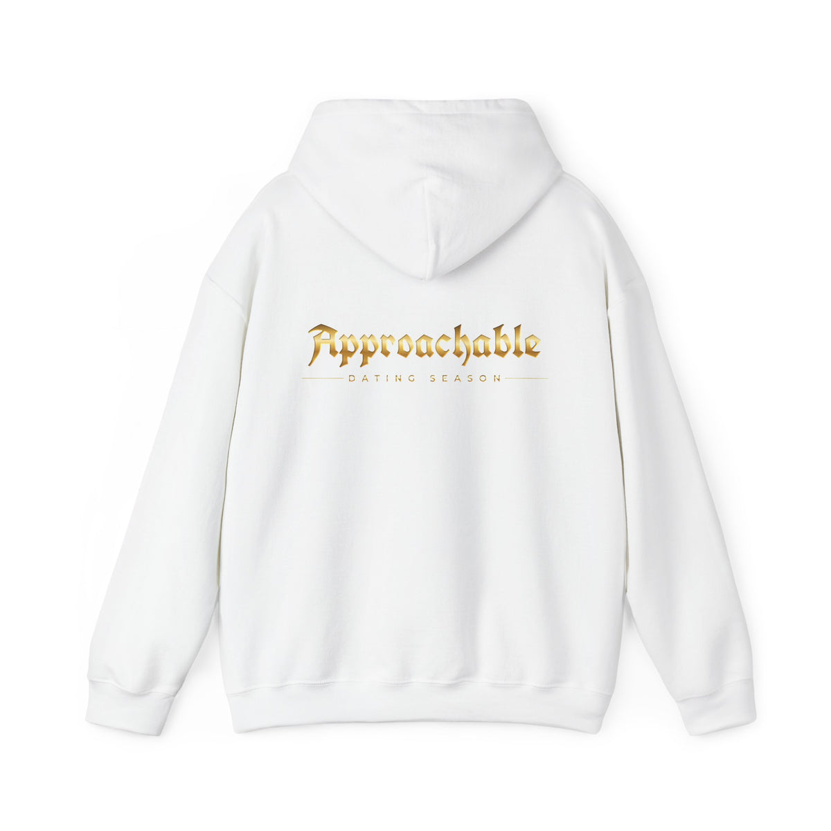 Approachable Gold Script hoodie back & front | White Pullover Sweatshirt
