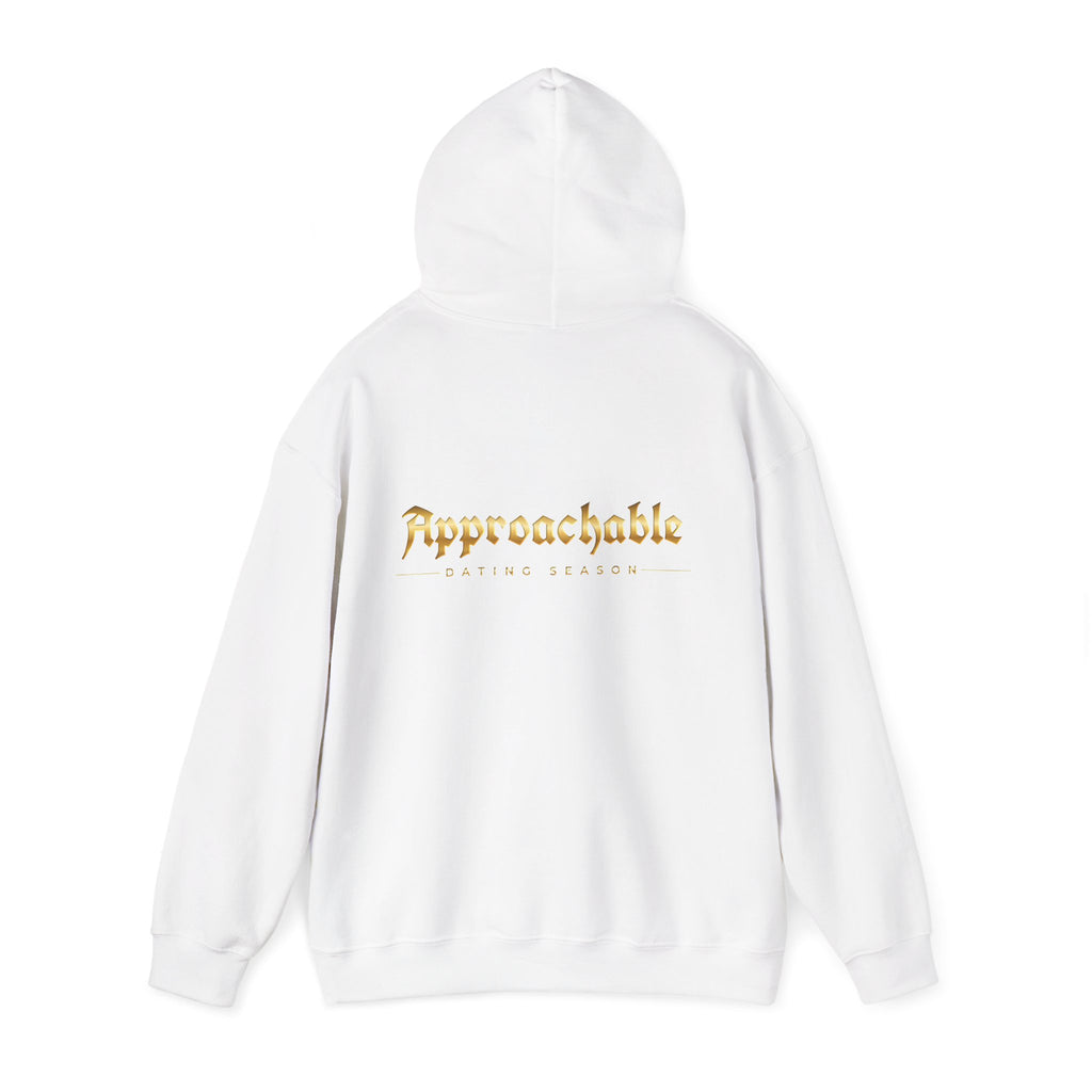 Approachable Gold Script hoodie back & front | White Pullover Sweatshirt
