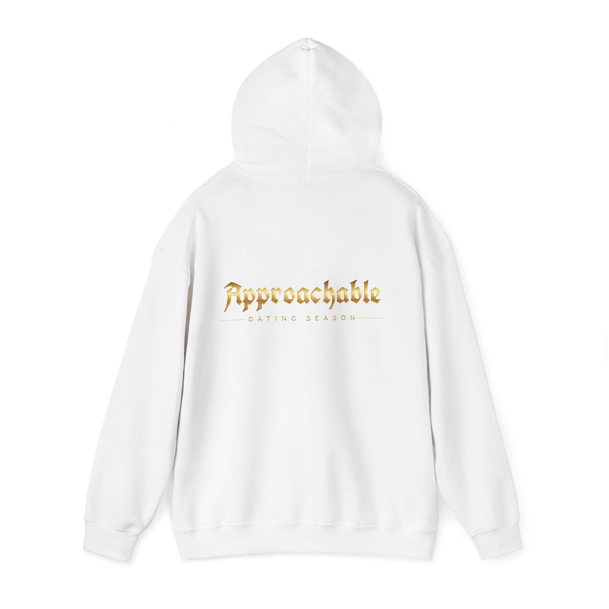 Approachable Gold Script hoodie back & front | White Pullover Sweatshirt