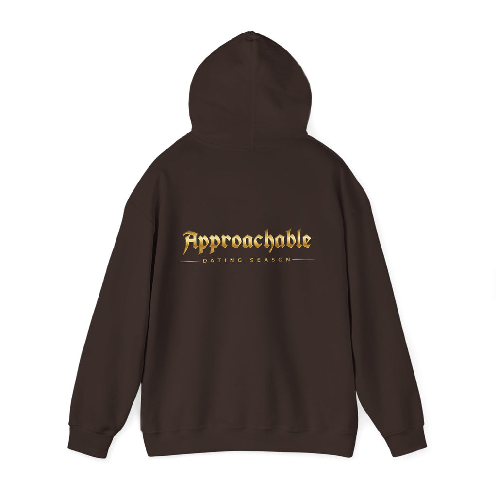 Approachable Gold Script hoodie back & front | White Pullover Sweatshirt