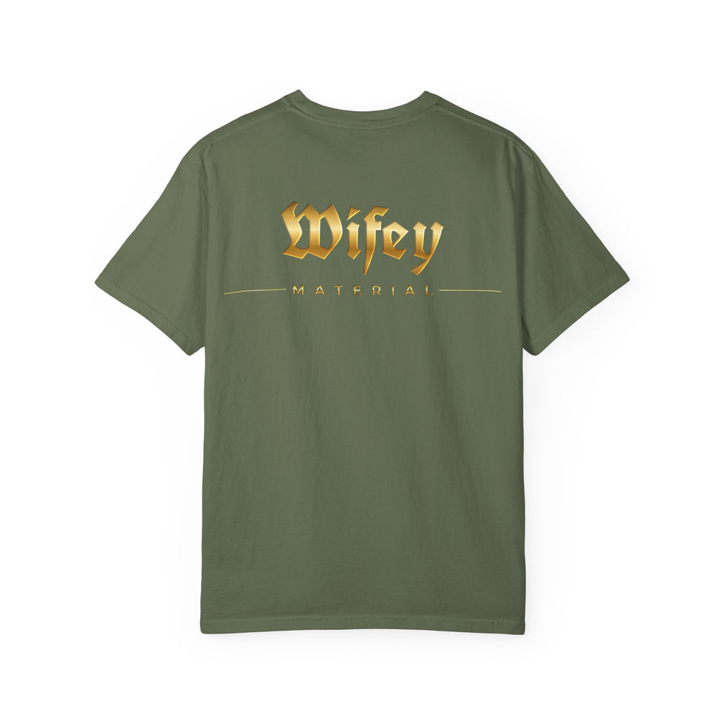 Wifey Material T-shirt front & back| Gold Gothic Script