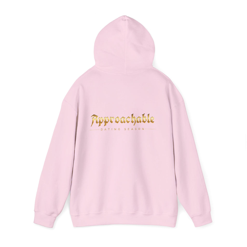 Approachable Gold Script hoodie back & front | White Pullover Sweatshirt