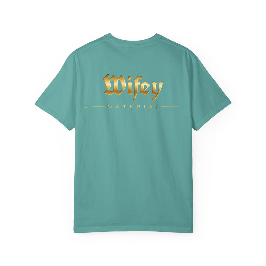 Wifey Material T-shirt front & back| Gold Gothic Script